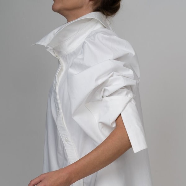 Asymétrique élégant haut à manches longues/chemise boutonnée/haut femme designer/chemise boutonnée/chemisier femme/haut moderne/chemisier blanc femme/