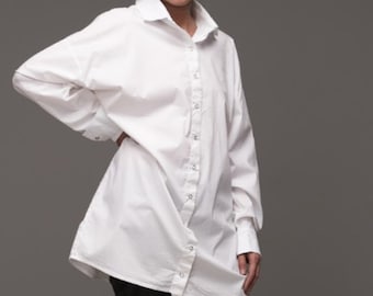 White Classic Shirt/Collared Shirt/Shirt with Buttons/Long White Shirt/Women Classic Blouse/Shirt