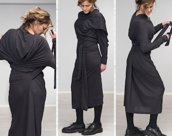 Asymmetrical Wrap Party Dress Maxi dresses,Long Sleeve Asymmetric Dress,Maxi Dress,Black  Dress, Long Dress,long sleeve black evening dresse