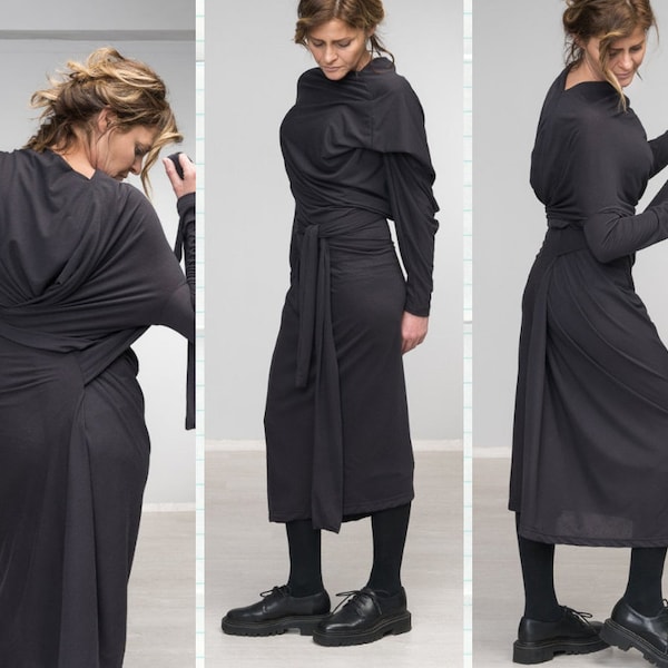 Asymmetrical Wrap Party Dress Maxi dresses,Long Sleeve Asymmetric Dress,Maxi Dress,Black  Dress, Long Dress,long sleeve black evening dresse