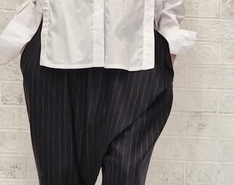 Pinstripe trousers, Relaxed fit,Wide-leg trousers,High-waist trousers,Tailored trousers,Cuffed hem,Navy with