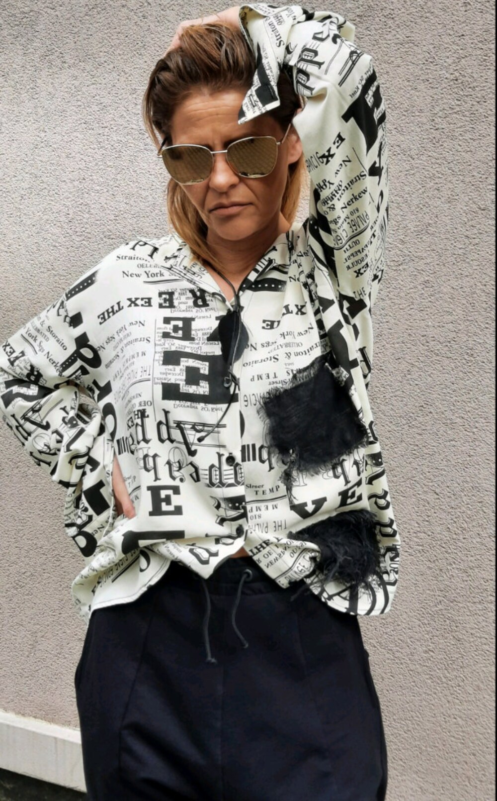 Shirt/Collared Shirt/Women Classic Blouse/New Fashion Shirt/Graffiti Shirt/Hip Hop Shirt/Night Club Shirt/Beige Shirt,