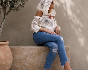 White  Hooded Sweater, Boho Summer Top, Open Shoulder Knit Pullover, Handmade Crochet Jumper, Beach Cover Up, Festival Clothing