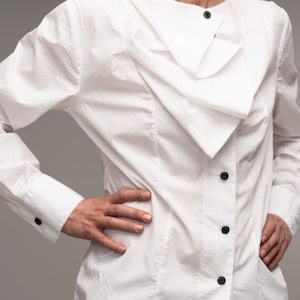 Asymmetric Elegant Long Sleeved Top/Buttoned Shirt/Designer Women Top/Button Down Shirt/Women Blouse/Modern Top/ Women&#39;s White Blouse/