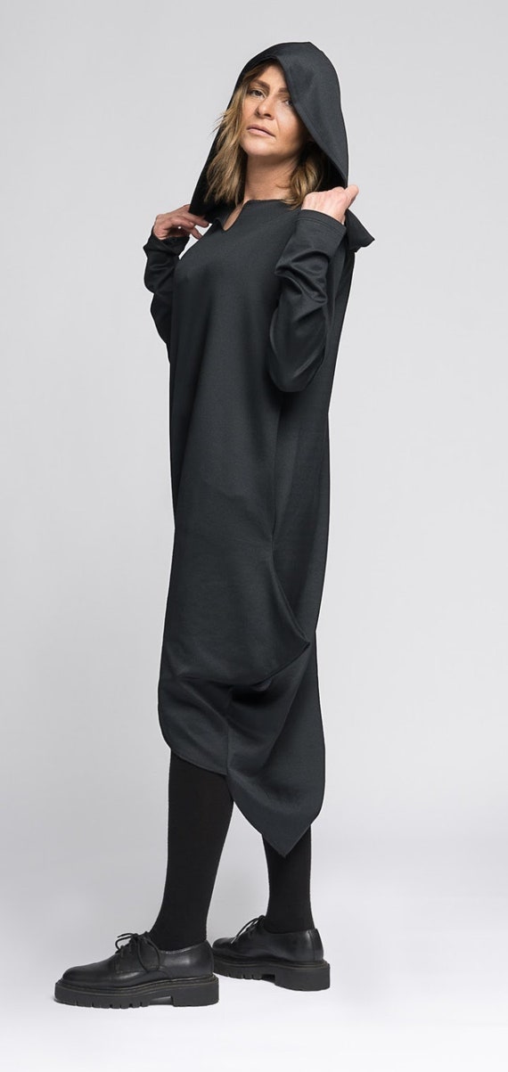 Hooded Asymmetric Cotton-Jersey Wrap Dress/ Long Sleeves Women Tunic Top / Maxi Loose Sweatshirt / Oversize Top / Sweater Dress