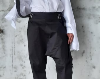Black Harem Pants for Women | Loose Fit Drop Crotch Trousers | Minimalist Streetwear Pants | Casual Baggy Pants