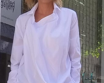 Casual white shirt/Cotton white shirt/Oversized/Asymmetrical Shirt/Asymmetrical Shirt