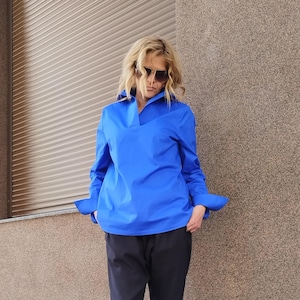 Shirt Blue,Women&#39;s Blue High Collar Shirt,Blue High Neck Blouse, Vintage Blue High Collar Blouse