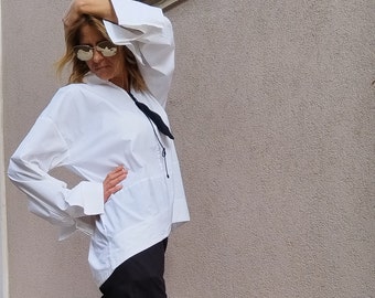 Oversize Shirt/Extravagant Long Sleeved Cotton Shirt/White Shirt/ Loose Styles/Oversized White Shirt /Casual White Top/Asymmetrical Shirt