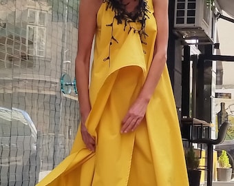 Mustard yellow dress, ultra-chic dress, Long dress, Open back dress, Party dress, Floor length Dress, Tight Dress, Sleeveless Dress