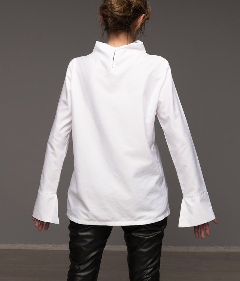 Hight Neck white shirt,Cotton Tunic, Minimalist Shirt, Extravagant Top, Casual Top, Asymetrical White Shirt, Long Sleeve Shirt,blouse maxi image 5