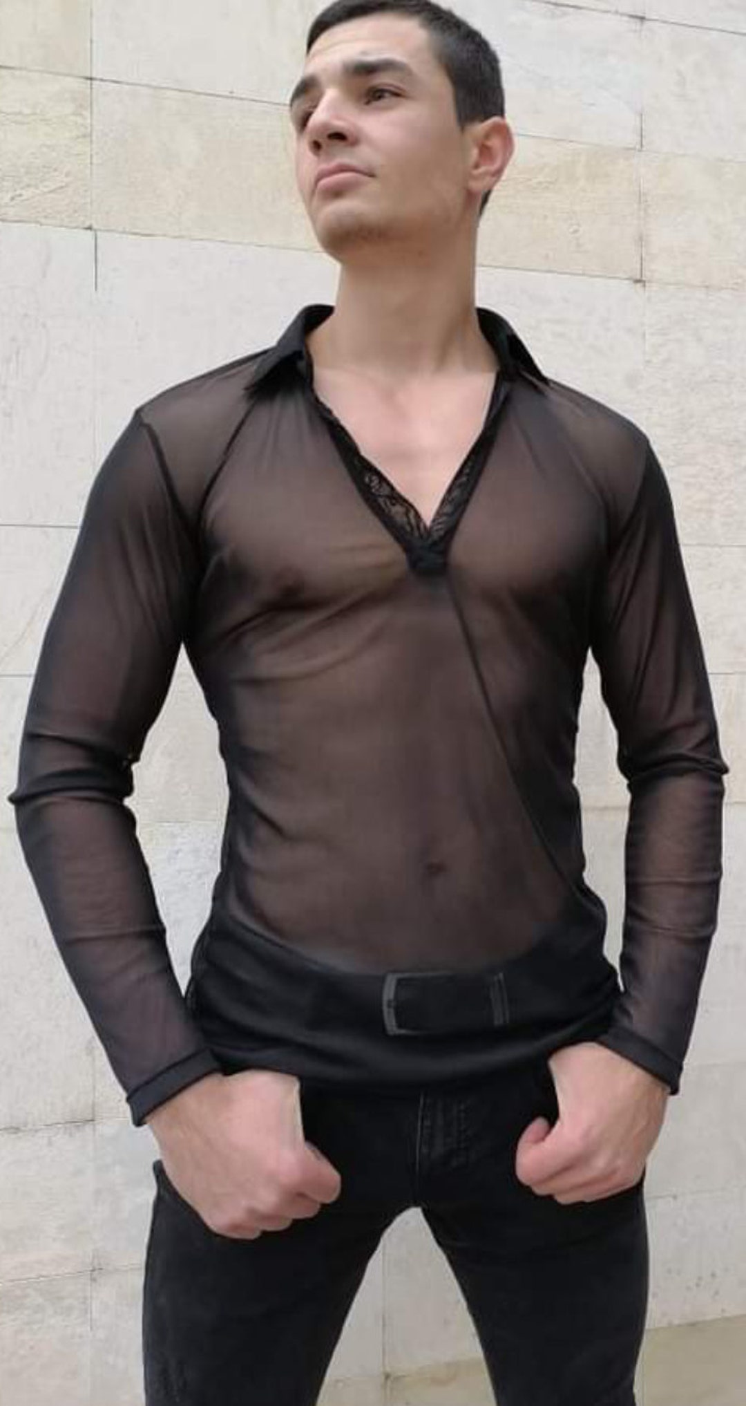 Mesh Shirt Outfit Long Sleeveblack Men's Sheer Shirt Etsy