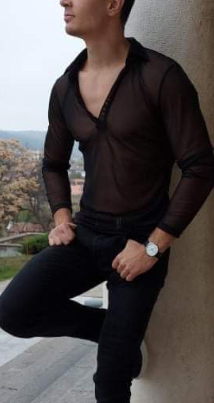 Mesh Shirt Outfit Long Sleeve,black Men's Sheer Shirt, Black Mesh Shirt Outfit Long Sleeve,black Men's Sheer Shirt, Black