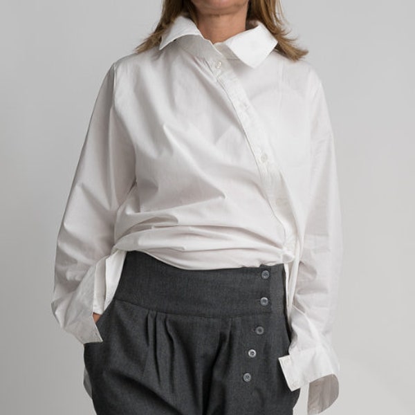 White Long Oversize Loose Shirt  buttons/ Asymmetric Maxi Shirt/Casual Shirt Women/Womens Long Sleeve Tunic /Tops/White Tunic/ White Top/