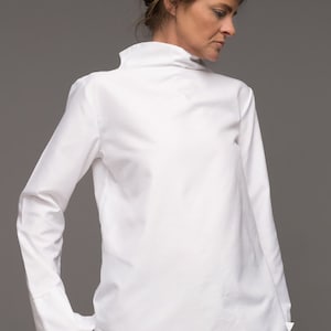Hight Neck white shirt,Cotton Tunic, Minimalist Shirt, Extravagant Top, Casual Top, Asymetrical White Shirt, Long Sleeve Shirt,blouse maxi image 4