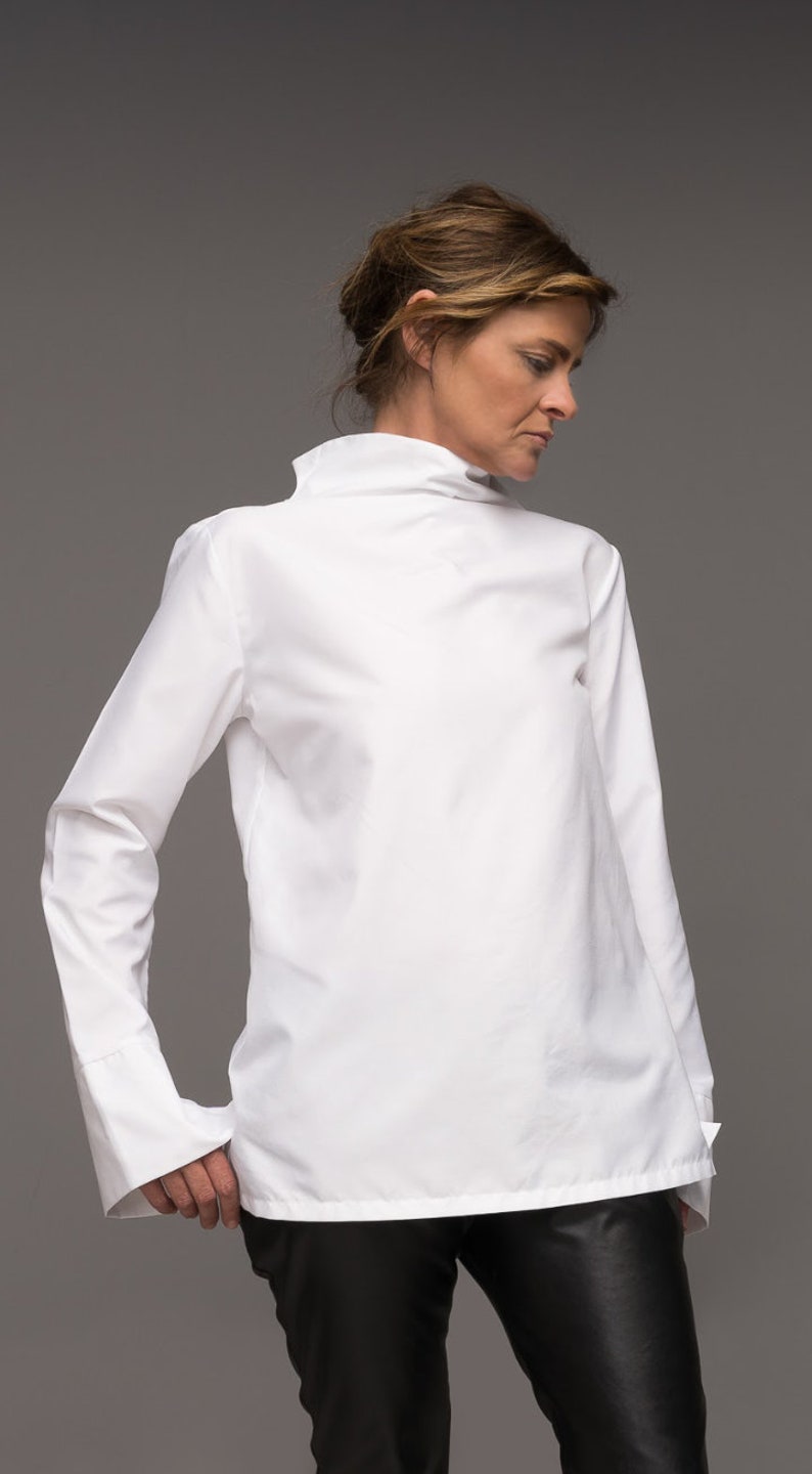 Hight Neck white shirt,Cotton Tunic, Minimalist Shirt, Extravagant Top, Casual Top, Asymetrical White Shirt, Long Sleeve Shirt,blouse maxi image 4