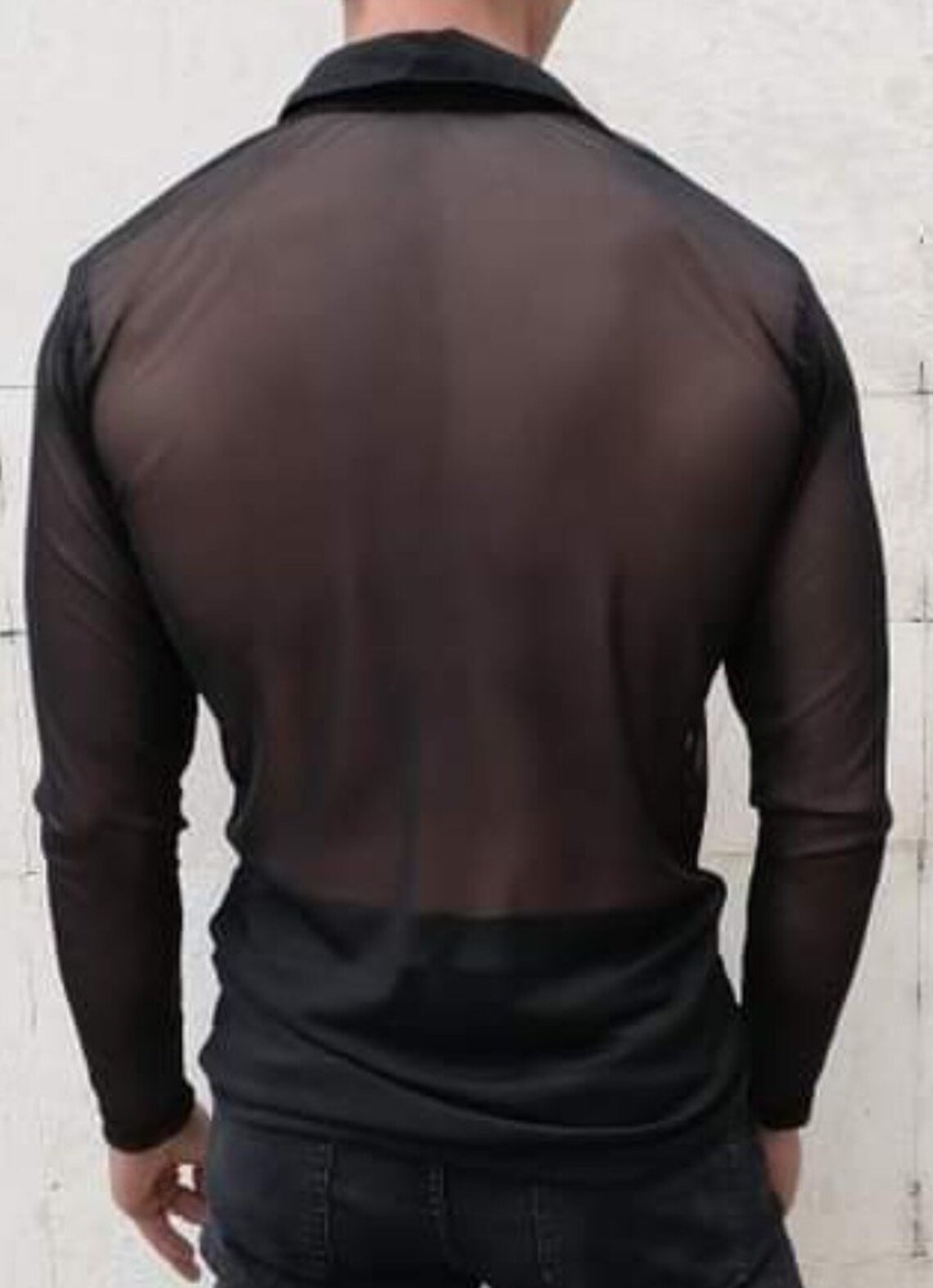 Mesh Shirt Outfit Long Sleeve,black Men's Sheer Shirt, Black Modern ...