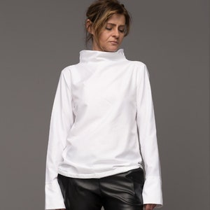 Hight Neck white shirt,Cotton Tunic, Minimalist Shirt, Extravagant Top, Casual Top, Asymetrical White Shirt, Long Sleeve Shirt,blouse maxi image 1