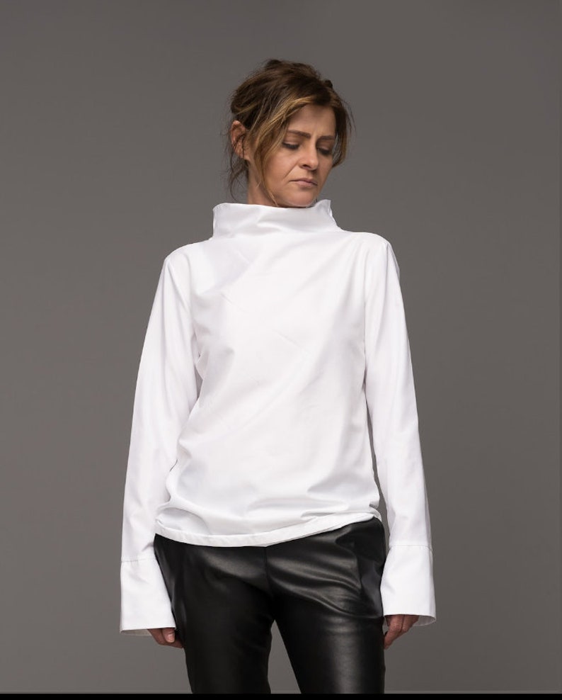 Hight Neck white shirt,Cotton Tunic, Minimalist Shirt, Extravagant Top, Casual Top, Asymetrical White Shirt, Long Sleeve Shirt,blouse maxi image 1