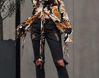 Floral Chic  Asymmetric Ruffle Flare Long Sleeve V Neck Blouse, Slim Chiffon Elegant  Fashion Top Sexy Women Shirt