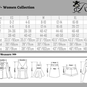 Op de afbeelding: Maattabel voor dameskleding met metingen in inches en centimeters. De tabel bevat maten XS tot en met XXL, met de bijbehorende US, UK, FR en IT maten. Metingen zijn beschikbaar voor borst, taille en heupen.