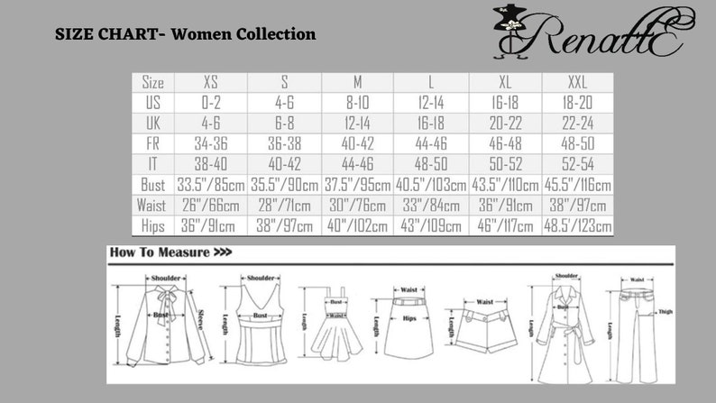 Op de afbeelding: Maattabel voor dameskleding met metingen in inches en centimeters. De tabel bevat maten XS tot en met XXL, met de bijbehorende US, UK, FR en IT maten. Metingen zijn beschikbaar voor borst, taille en heupen.