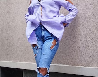 Light purple  LINEN cloud shoulders shirt, loose fit women shirt, extravagant shirt,designer party Shirt
