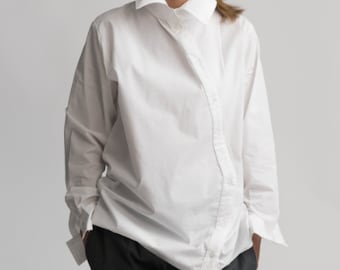 White Long Oversize Loose Shirt  buttons/ Asymmetric Maxi Shirt/Casual Shirt Women/Womens Long Sleeve Tunic /Tops/White Tunic/ White Top/