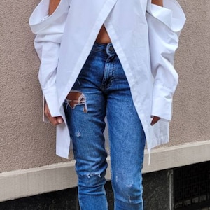 Tunika z odkrytymi ramionami i stójką, asymetryczna bluzka, koszula Sparrow, asymetryczna koszula, ekstrawagancka koszula, damska bluzka, designerska koszula imprezowa