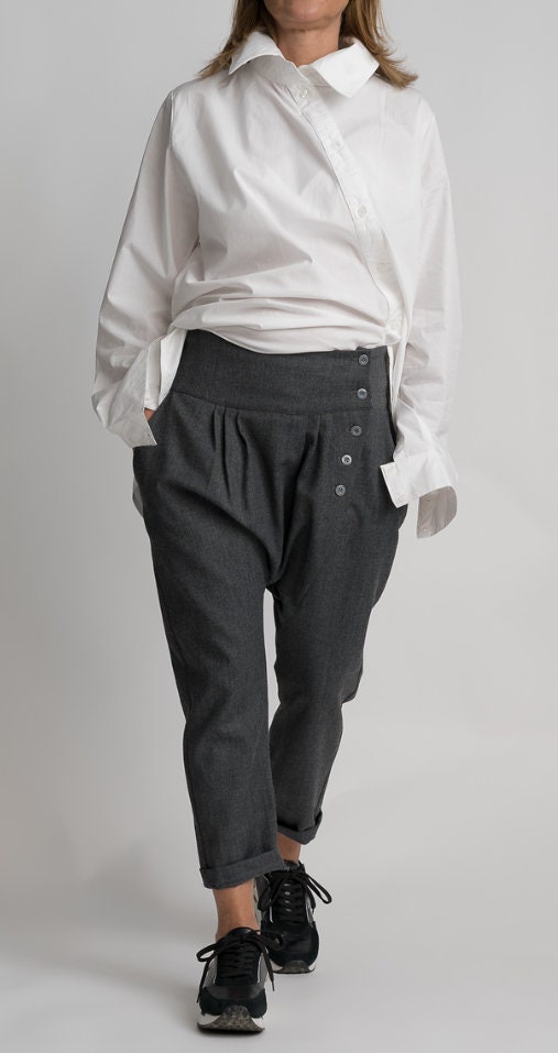 100% WOOL, Plus Size Harem Pants, Warm Trousers, Loose Pants, Drop Crotch Pants, Wide Leg Pants, Wool Grey Pants,A/W outwear, Handmade
