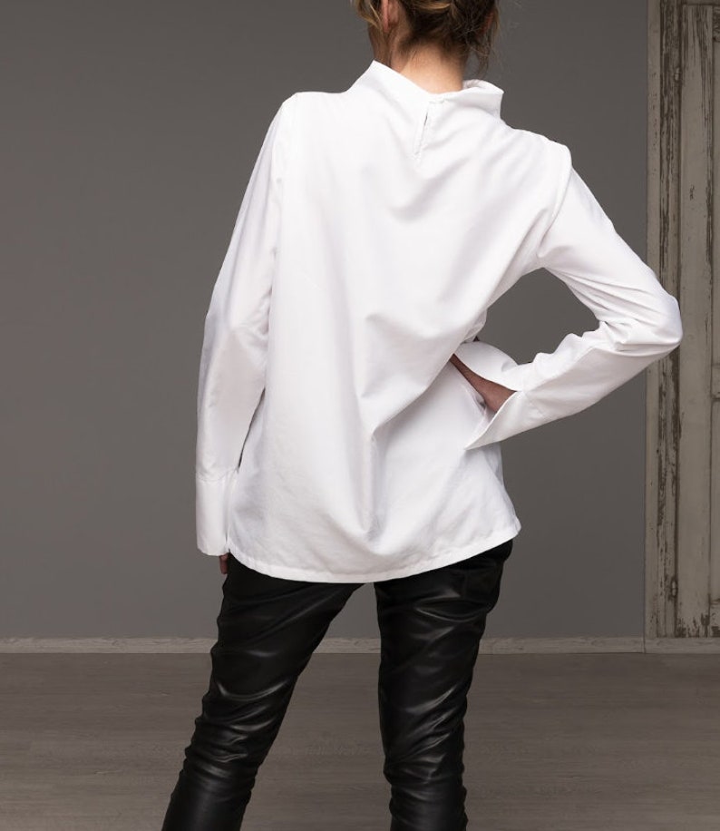 Hight Neck white shirt,Cotton Tunic, Minimalist Shirt, Extravagant Top, Casual Top, Asymetrical White Shirt, Long Sleeve Shirt,blouse maxi image 6