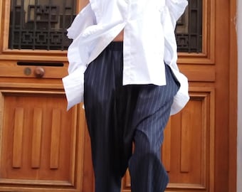 Asymmetrical blouse, button-up shirt, Long-sleeve shirt, Belted shirt, Structured shirt, Classic collared