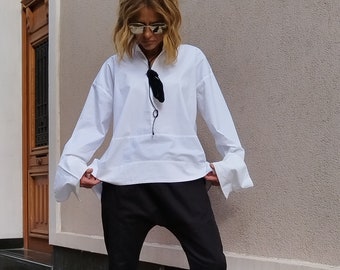 Oversize Shirt/Extravagant Long Sleeved Cotton Shirt/White Shirt/ Loose Styles/Oversized White Shirt /Casual White Top/Asymmetrical Shirt