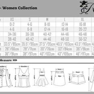 May include: Size chart for women's clothing with measurements in inches and centimeters. The chart includes sizes XS through XXL, with corresponding US, UK, FR, and IT sizes. Measurements are provided for bust, waist, and hips.
