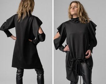 Asymmetric Neoprene  Top,Asymmetrical blouse, Black Tunic, Extravagant Dress, Formal Tunic, Avant Garde Clothing, Gothic Dress,Cyberpunk