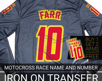 Transfers Motocross Decal, Iron On Race Name and Number for Motocross Jersey