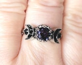 Beautiful Triple Moon Goddess Ring Dark Purple and Black Stones Witchy Pagan Wiccan Gift