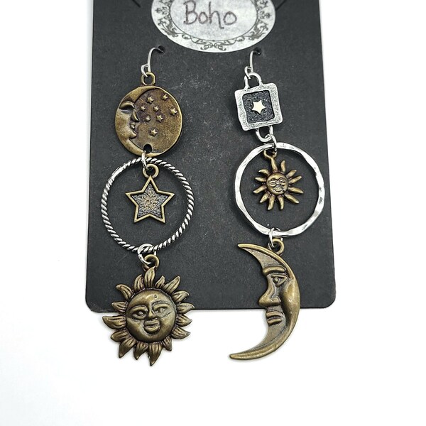 Bohemian Sun & Moon Earrings | Celestial Dangle Earrings, Boho Earrings, Sun Earrings, Moon Earrings | Gift for her | Witchy