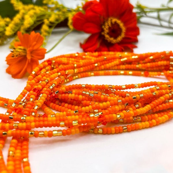 Shades of Orange Waist Beads, Orange Preciosa Accented Waist Beads, Handmade Waist Beads