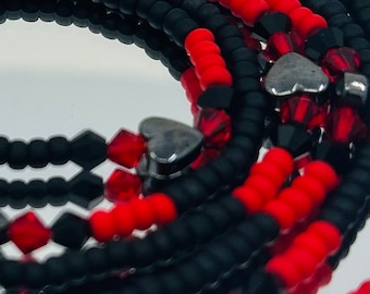 Queen of Hearts Waist Beads: Red & Black Preciosa Beads