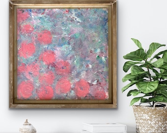 Abstract painting, light pink blooms, framed on wood floater
