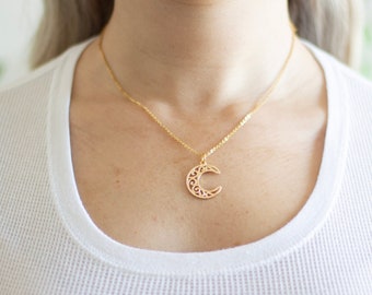 Crescent Moon Charm Necklace | Gold Moon Necklace | Filigree Moon Necklace