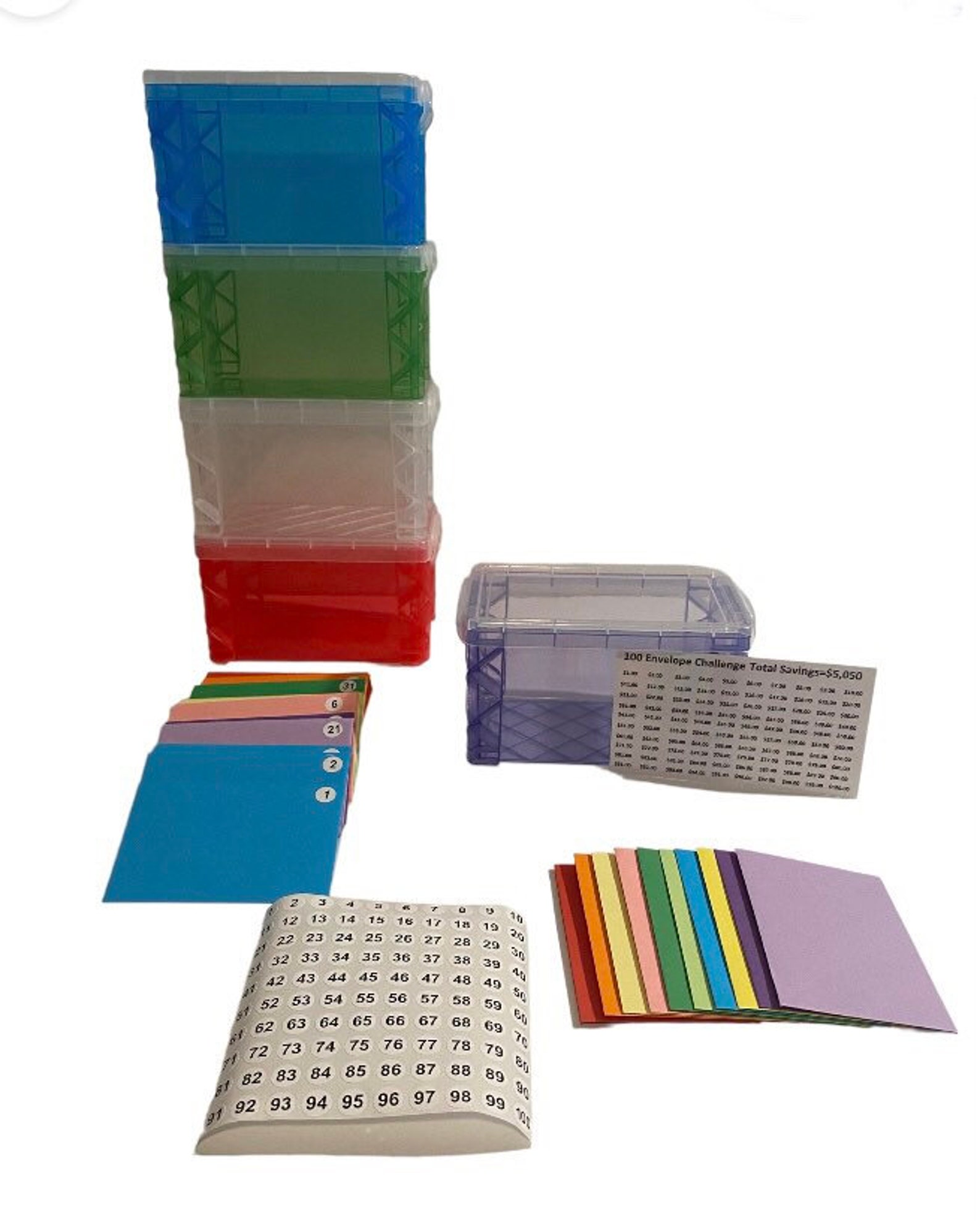 100 Envelope Challenge Kit 3x5 Box,100 Envelopes, Laminated Tracker