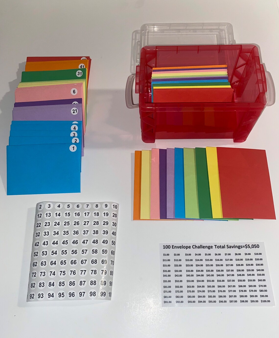 100 Envelope Challenge Kit 3x5 Box,100 Envelopes, Laminated Tracker