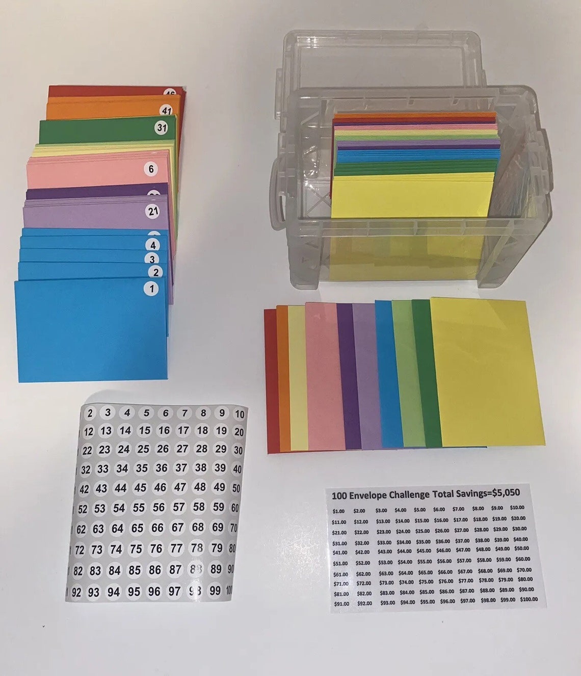 100 Envelope Challenge Kit 3x5 Box,100 Envelopes, Laminated Tracker