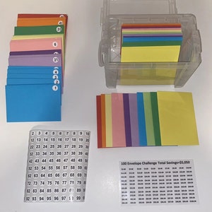100 Envelope Challenge Kit ( 3x5 Box,100 Envelopes, Laminated tracker, Pre-numbered stickers 1-100) Color: Clear