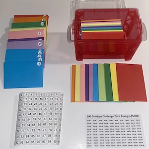 100 Envelope Challenge Kit ( 3x5 Box,100 Envelopes, Laminated tracker, Pre-numbered stickers 1-100) Color: Reddish Pink