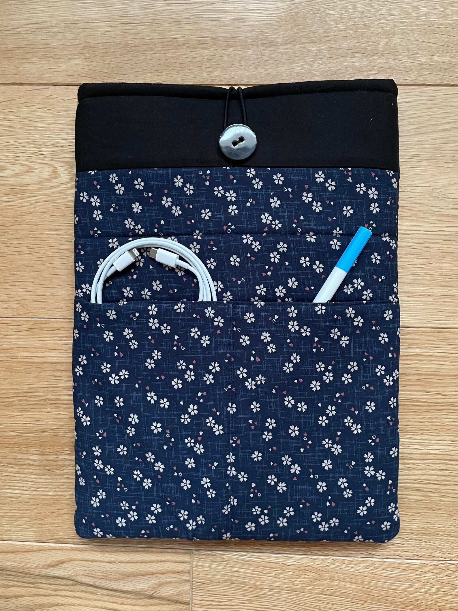 Custom made quilted laptop sleeve UK with twin pockets. Just Etsy