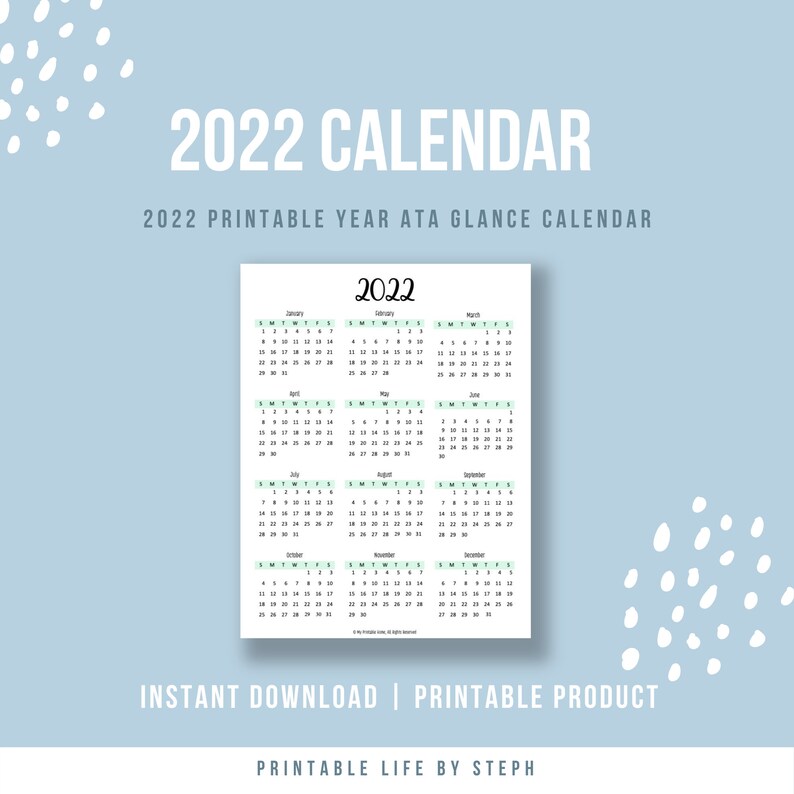 2022 printable year at a glance calendar yearly planner etsy