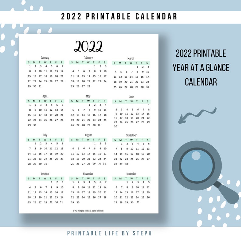 2022 printable year at a glance calendar yearly planner etsy